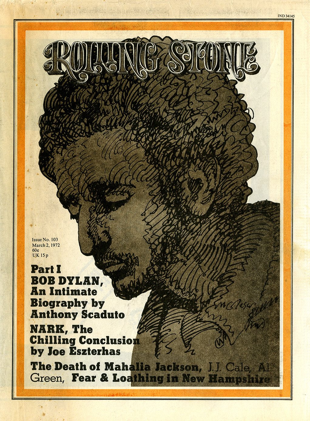 Portrait of Bob Dylan in black ink.